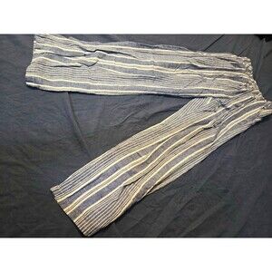 Women's Blue White Striped Wide-Leg Pants Elastic Drawstring Waist Cotton L